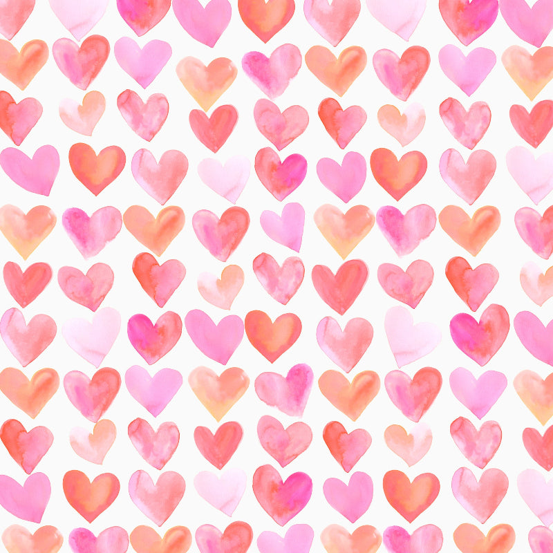 Pattern of pink and orange watercolor hearts on a white background