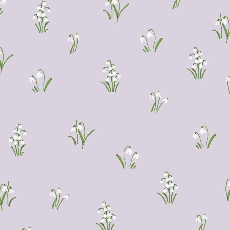 Pattern of white spring flowers with green stems on a light purple background