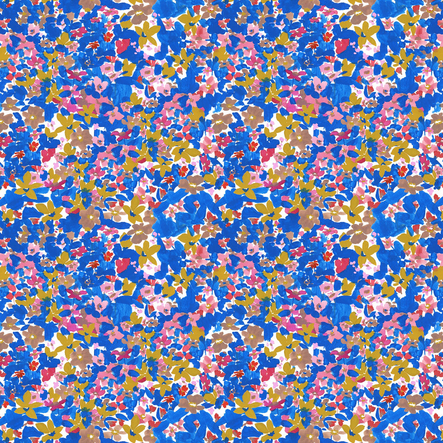 Colorful painterly floral pattern on a blue background