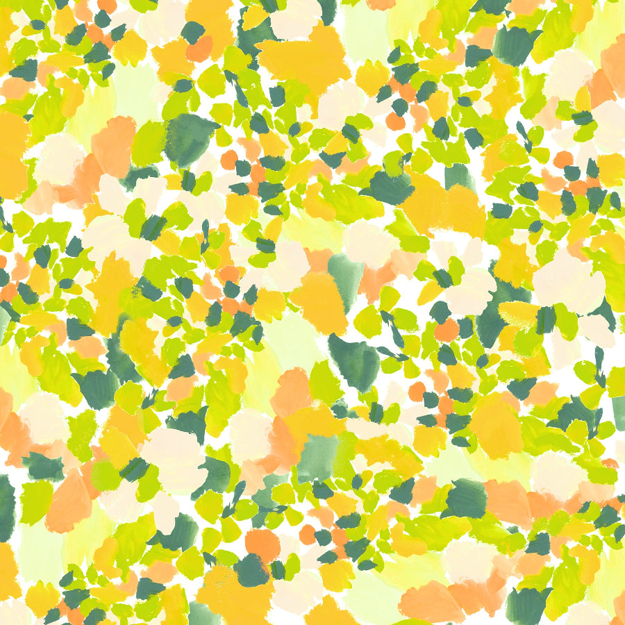 Colorful abstract pattern with green, orange, and beige colors on a white background