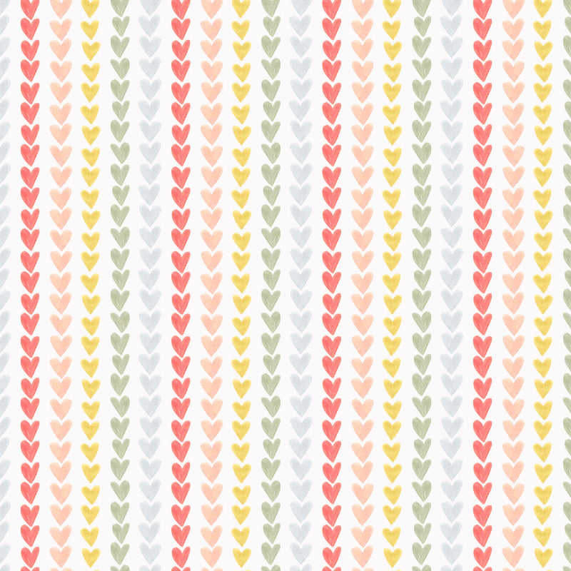 A pattern of vertical stripes made up of small hearts in various shades of pink, red, and green.