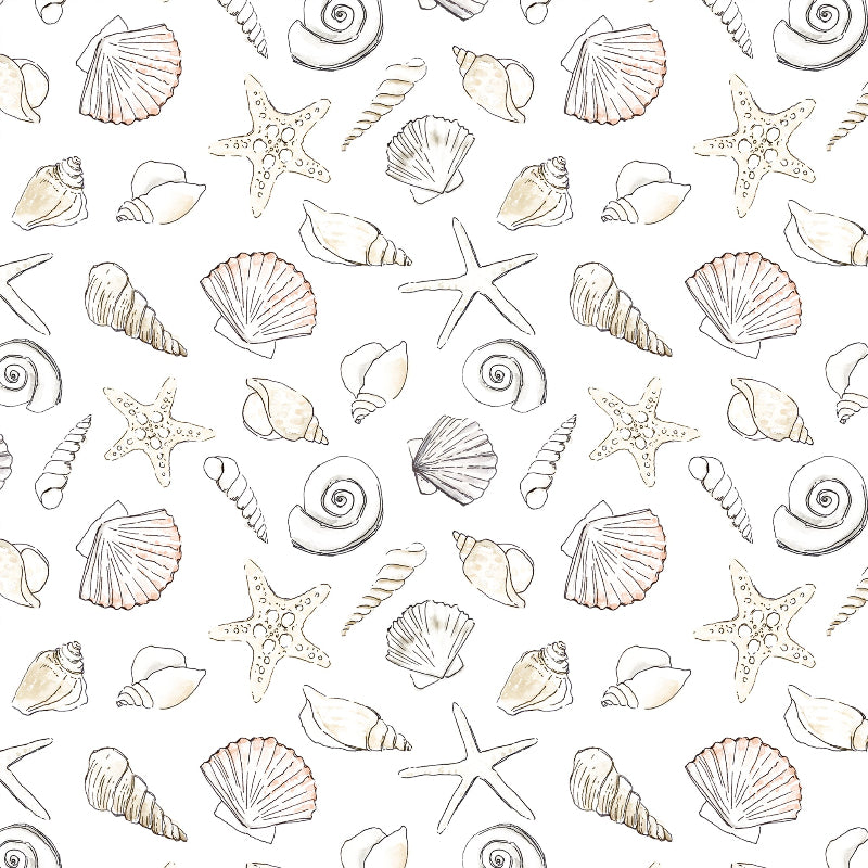 Seashell and starfish pattern on a white background