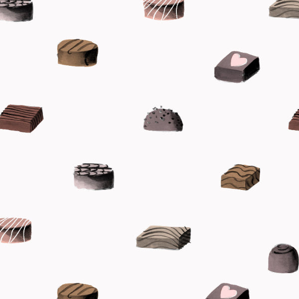 A variety of illustrated chocolates and candies arranged in a pattern.
