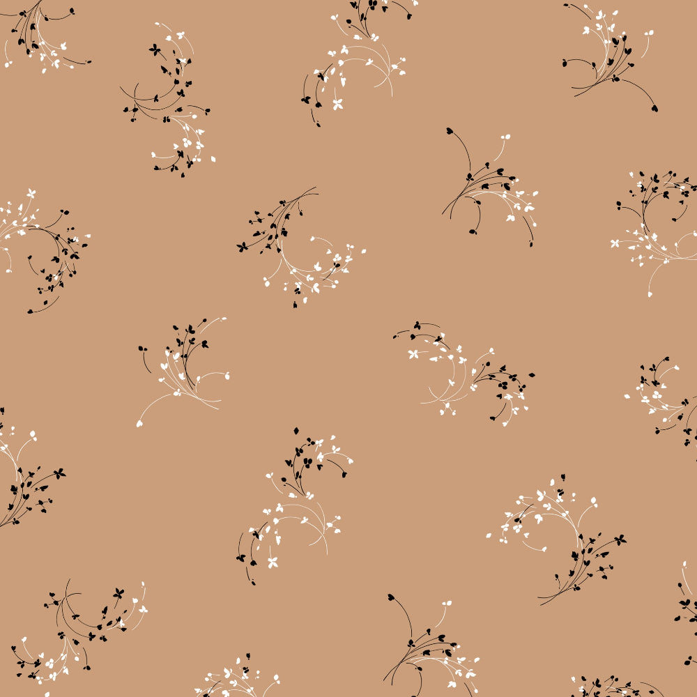 A patterned fabric with a small scale floral design in beige, black, and white colors.