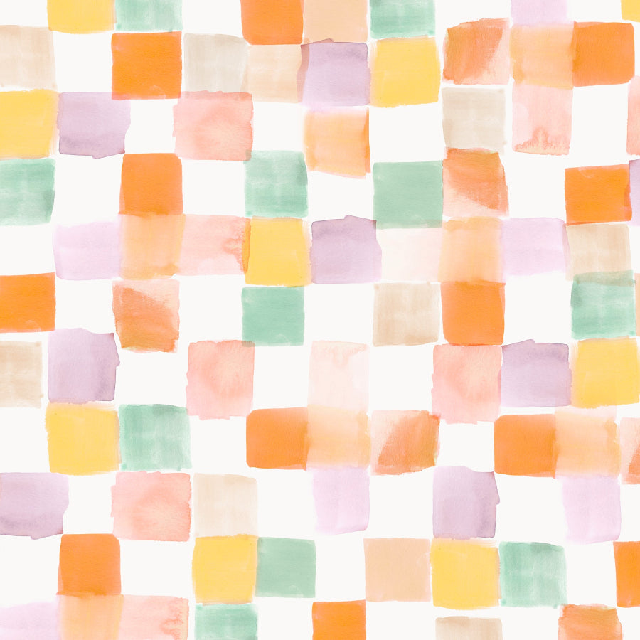 A colorful abstract checker pattern of brushstrokes featuring an array of geometric shapes in watercolor shades of orange, pink, green, and yellow.