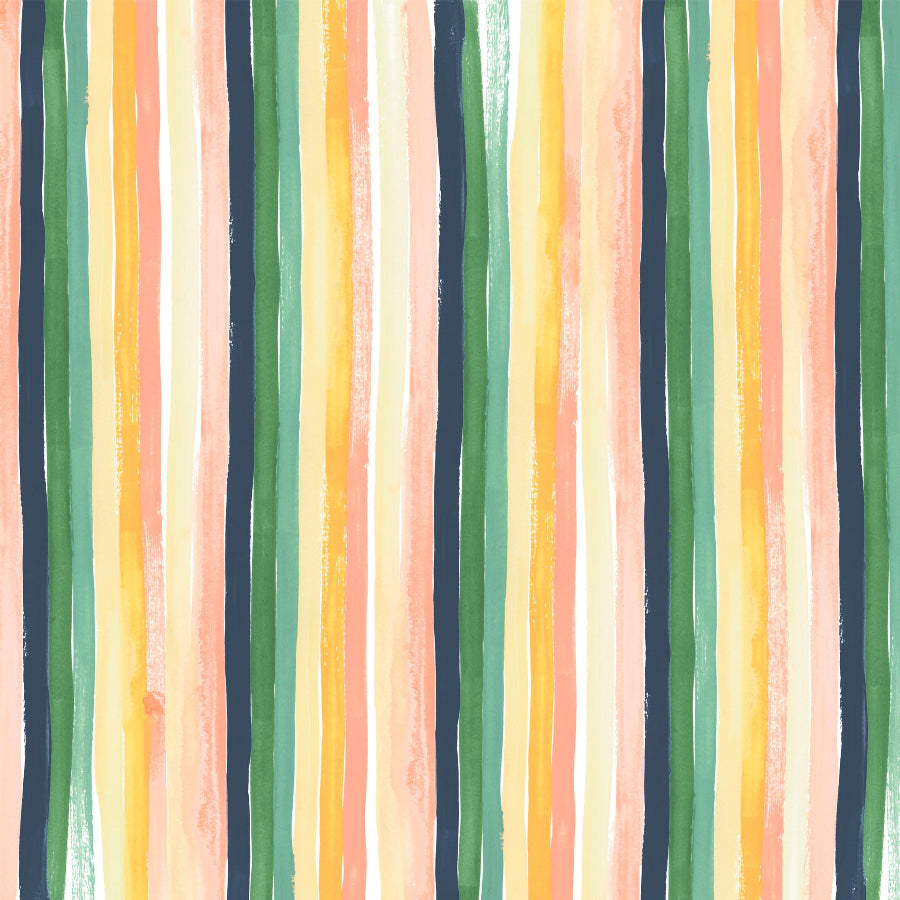 A painted pattern with vertical stripes in varying shades of green, yellow, orange, and pink, with an abstract watercolor brushstrokes pattern.