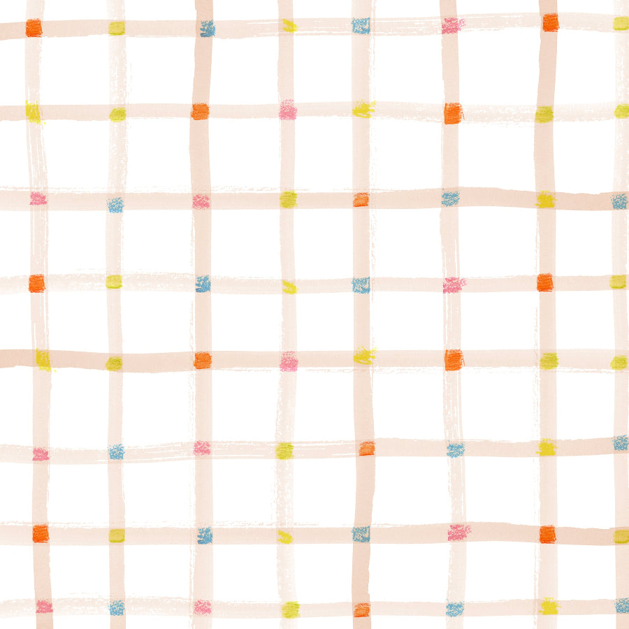 A painted plaid pattern with colorful brushstrokes on a white background.