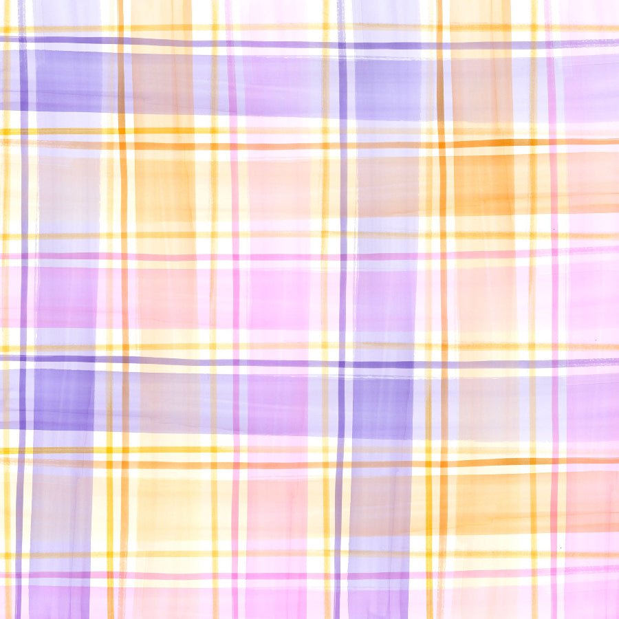 Abstract watercolor painted plaid with geometric brushstrokes in purple, blue, orange, and pink hues.