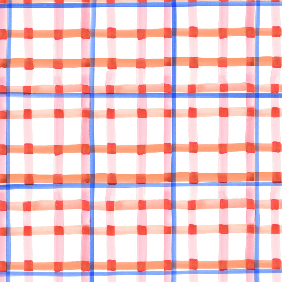 A painted plaid with abstract brushstrokes in red and blue on a white background, giving a spring watercolor vibe.