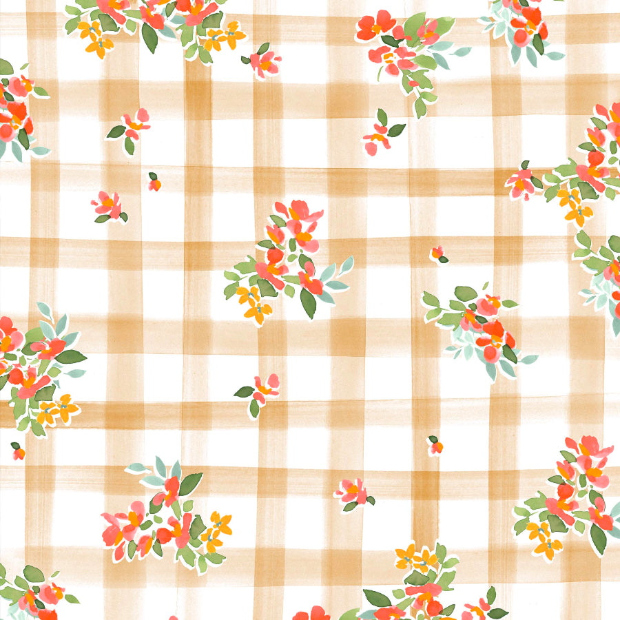 A painted plaid with a floral pattern featuring brushstrokes in spring colors on a checkered background.