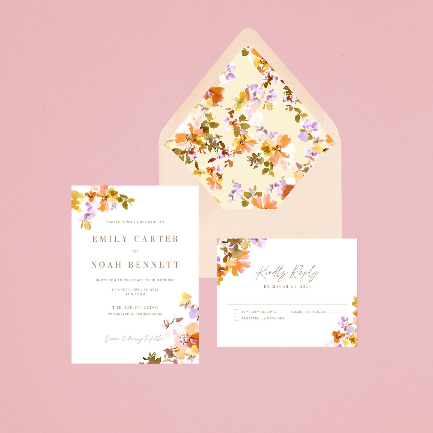 Floral wedding invitation set on a pink background