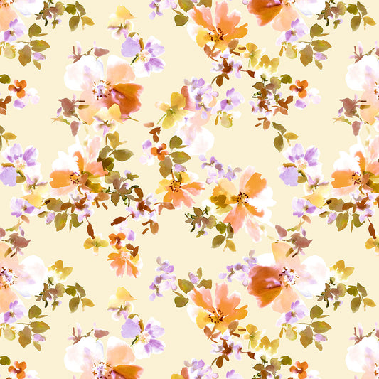Watercolor floral pattern with orange, purple, and green flowers on a yellow background