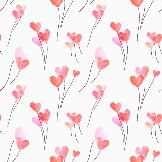 Pattern of watercolor heart-shaped balloons in pink and red on a white background
