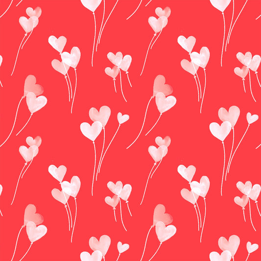 Pattern of heart-shaped balloons on a red background