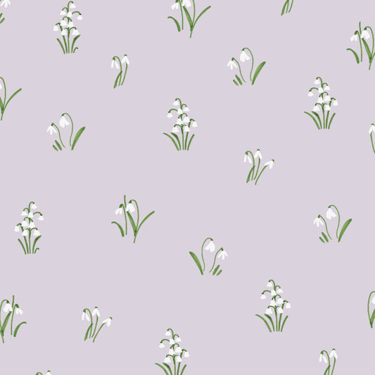 Pattern of white spring flowers with green stems on a light purple background