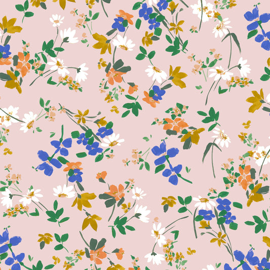 Floral pattern with blue, white, green, and orange flowers on a pink background