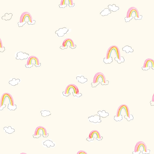 Pattern of colorful hand painted rainbows and white clouds on a light pink background