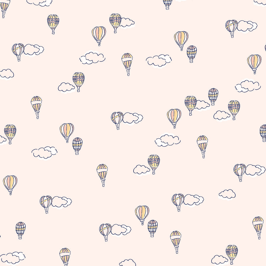 Pattern of hand drawn colorful hot air balloons and clouds on a light background