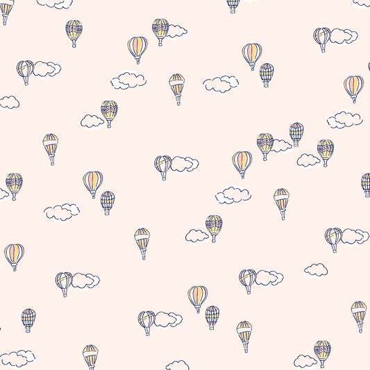 Pattern of hand drawn colorful hot air balloons and clouds on a light background