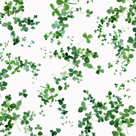A watercolor illustration of various green clover leaves on a white background.