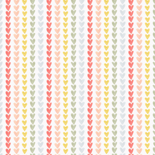 A pattern of vertical stripes made up of small hearts in various shades of pink, red, and green.