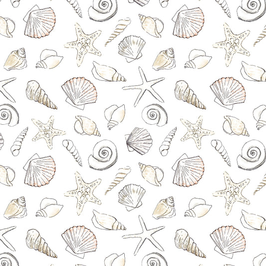 Seashell and starfish pattern on a white background