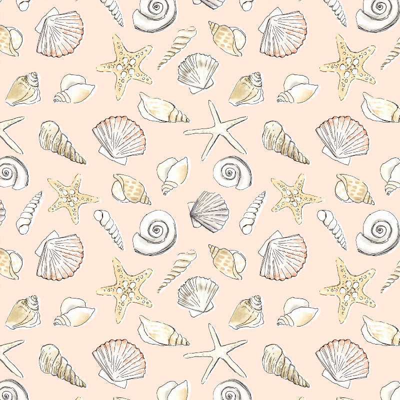 A patterned product depicting various shells and starfish in shades of pink, beige, and white on a light background.