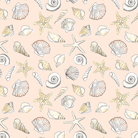 A patterned product depicting various shells and starfish in shades of pink, beige, and white on a light background.