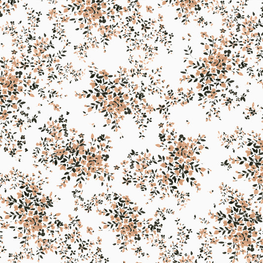 A floral pattern with small-scale floral designs in beige and black on a white background.