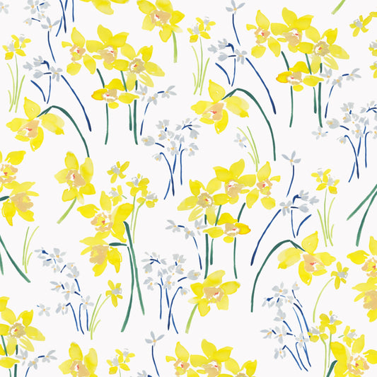 A spring daffodil pattern featuring yellow brushstrokes with pale blue and green accents on a white background.