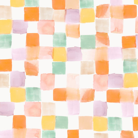 A colorful abstract checker pattern of brushstrokes featuring an array of geometric shapes in watercolor shades of orange, pink, green, and yellow.
