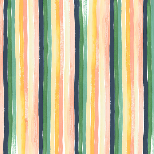 A painted pattern with vertical stripes in varying shades of green, yellow, orange, and pink, with an abstract watercolor brushstrokes pattern.