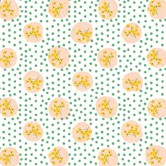 A hand painted pattern with floral elements, featuring yellow dots on a green background, and abstract brushstroke designs.
