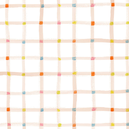 A painted plaid pattern with colorful brushstrokes on a white background.