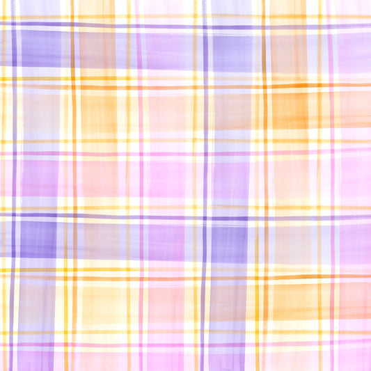 Abstract watercolor painted plaid with geometric brushstrokes in purple, blue, orange, and pink hues.