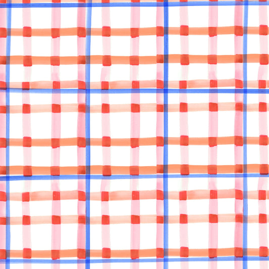 A painted plaid with abstract brushstrokes in red and blue on a white background, giving a spring watercolor vibe.