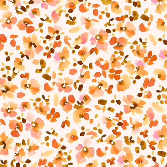 A floral pattern featuring a watercolor illustration of small, multicolored flowers that resemble animal print